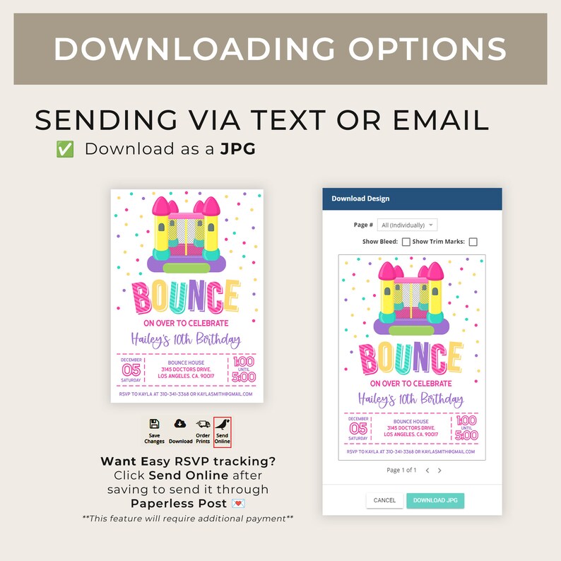 May include: A printable invitation for a birthday party with a bounce house theme. The invitation features a colorful illustration of a bounce house with the text "Bounce" in large, colorful letters. The text "On over to celebrate Hailey's 10th Birthday" is also included. The invitation includes the date, time, and location of the party.
