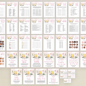 May include: A set of printable baby shower games with a pink and yellow floral theme. The games include "Guess the Baby Food", "Baby Name Ideas", "Don't Say Baby", "Guess How Many Sweets Are in the Jar", "The Nappy Hunt", "Guess the Baby Song", "Baby's First Actionary", "What's in Your Purse?", "What's on Your Phone?", "Baby's First Words", "Guess the Baby's Due Date", "Baby's First Drink", "Guess How Many Sweets Are in the Jar", "Guess the Baby's Touch", "Guess the Baby's Belly", "Guess the Baby's Bottom", "Baby's First Bible", "Baby's First Jokes", "Baby's First Mums", "Baby's First Tune", "Baby's First Fluid", "Baby's First Match", "Baby's First Recipes", "Baby's First Game", "Baby's First Polish", "Baby's First Lovin'" and "Baby's First PORN".