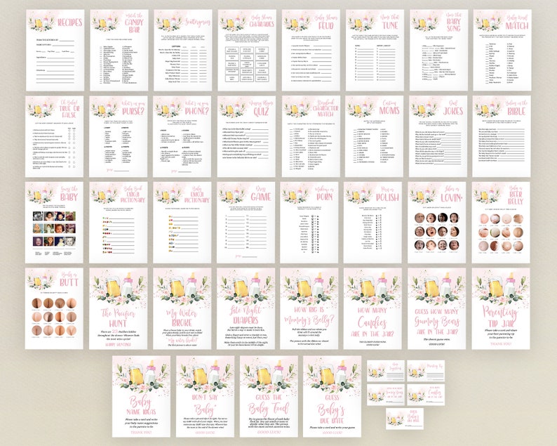 May include: A set of printable baby shower games with a pink and yellow floral theme. The games include "Guess the Baby Food", "Baby Name Ideas", "Don't Say Baby", "Guess How Many Sweets Are in the Jar", "The Nappy Hunt", "Guess the Baby Song", "Baby's First Actionary", "What's in Your Purse?", "What's on Your Phone?", "Baby's First Words", "Guess the Baby's Due Date", "Baby's First Drink", "Guess How Many Sweets Are in the Jar", "Guess the Baby's Touch", "Guess the Baby's Belly", "Guess the Baby's Bottom", "Baby's First Bible", "Baby's First Jokes", "Baby's First Mums", "Baby's First Tune", "Baby's First Fluid", "Baby's First Match", "Baby's First Recipes", "Baby's First Game", "Baby's First Polish", "Baby's First Lovin'" and "Baby's First PORN".