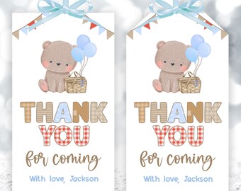 Thank You For Coming Gift Tag, EDITABLE Teddy Bear Picnic Party Favor Tag, Outdoor Party, Blue Bear, Boy Birthday, Instant Download, KP161