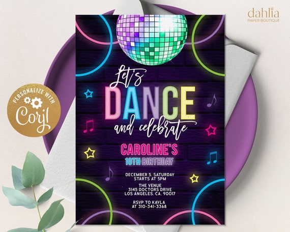 EDITABLE Dance Party Invitation, Disco Birthday Invite, Glow Neon Invite Template, Disco Party, Dancing, Girl Tween, Instant Download, KP067 Il_570xn