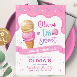 Ice Cream 2nd Birthday Invitation, EDITABLE Ice Cream Second Birthday Invitation Template, Ice Cream Party, Two Sweet Instant Download IC005
