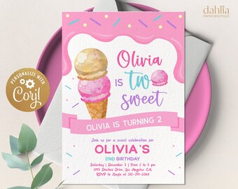 Ice Cream 2nd Birthday Invitation, EDITABLE Ice Cream Second Birthday Invitation Template, Ice Cream Party, Two Sweet Instant Download IC005