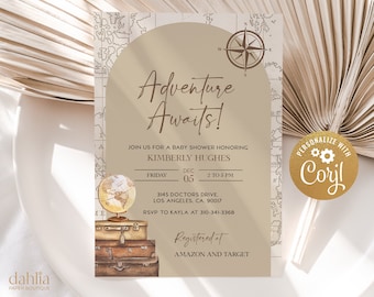 Adventure Awaits Baby Shower Invitation Template, Travel Baby Shower, Adventure, Suitcase, Globe, Map, Unisex, Gender Neutral, Coed, BS093