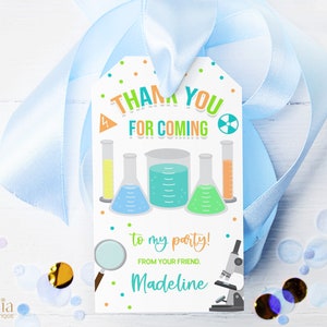 Merci d’être à venir étiquette cadeau, étiquette de faveur de fête d’anniversaire EDITABLE Mad Science, étiquette d’anniversaire d’expérience de laboratoire pour enfants, modèle d’étiquette de garçons, KP052