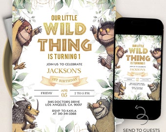 May include: A printable invitation for a first birthday party with a whimsical theme. The invitation features illustrations of the Wild Things from the book Where the Wild Things Are. The text on the invitation reads "Our Little Wild Thing is Turning 1" and includes details about the party, such as the date, time, and location.