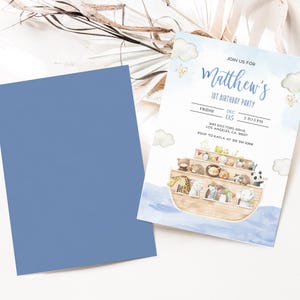 Einladung zum ersten Geburtstag mit Noahs Arche, bearbeitbare Boho-Tierparty-Vorlage, Bibelgeschichte, blaue Einladung für Jungen mit Noahs Arche, Sofort-Download KP117 Bild 2