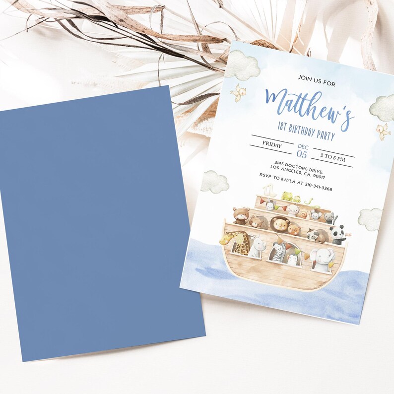 Einladung zum ersten Geburtstag mit Noahs Arche, bearbeitbare Boho-Tierparty-Vorlage, Bibelgeschichte, blaue Einladung für Jungen mit Noahs Arche, Sofort-Download KP117 Bild 2