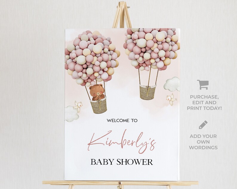 Puede incluir: Un cartel de baby shower imprimible con un tema de globo aerost&aacute;tico de globos rosas y blancos. El cartel dice "Bienvenido a la baby shower de Kimberly".