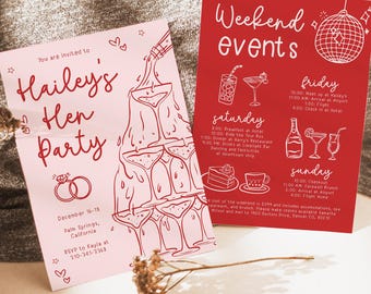 Handgezeichnete Hen Party Einladung & Reiseplan Vorlage, bearbeitbares Rot schrulliges Bachelorette Wochenende einladen, Pink Funky Whimsical Girls Party, BC016