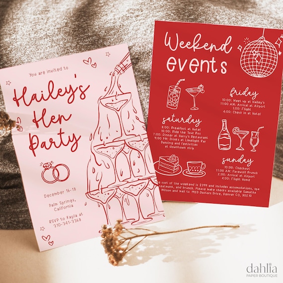Hand Drawn Hen Party Invite & Itinerary Template, Editable Red Quirky Bachelorette Weekend Invite, Pink Funky Whimsical Girls Party, BC016