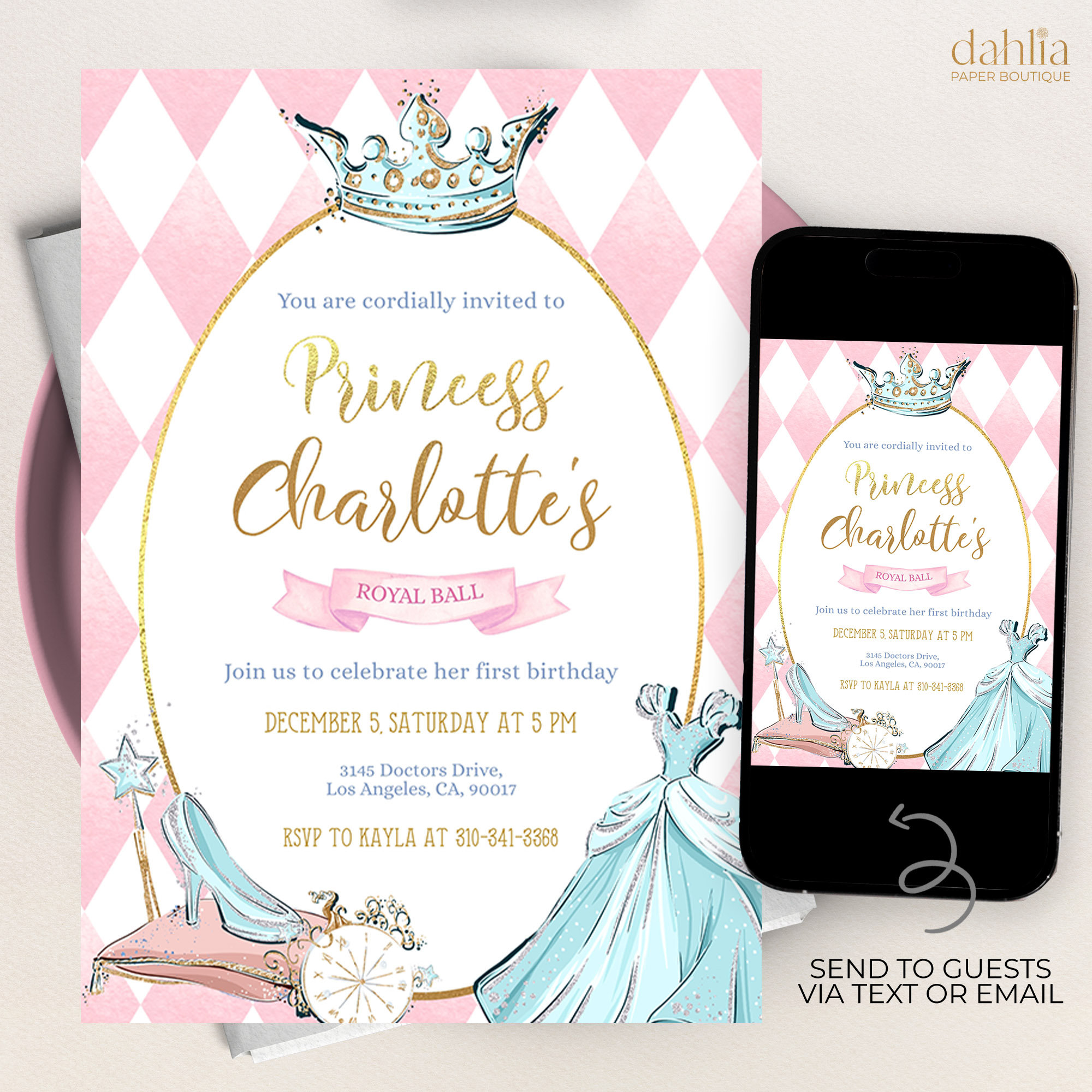 Cinderella Birthday Invitation, EDITABLE Princess Party Invite Template, Pink, Royal Ball, Castle, Crown, Fairytale, Instant Download KP103