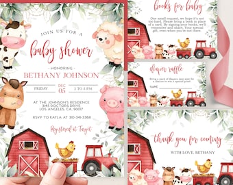 EDITIERBARE Bauernhof Babypartyeinladung Vorlagenset, Scheunentiere Babyparty einladen, Ranch Boy Babyparty, rote Barnyardtiere, BS113