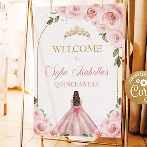 Blush Pink and Gold Arch Quinceañera Welcome Sign, EDITABLE Tiara Rose 15th Birthday Party Decor, Personalized Mis Quince Anos Poster, Q020