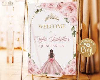 Blush Pink and Gold Arch Quinceañera Welcome Sign, EDITABLE Tiara Rose 15th Birthday Party Decor, Personalized Mis Quince Anos Poster, Q020