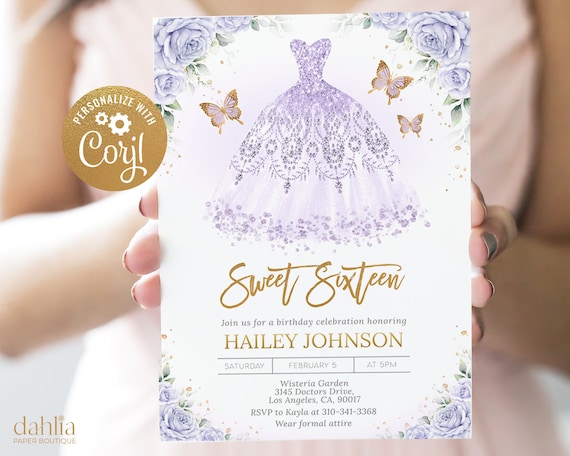 Lilac Purple and Gold Dress Sweet Sixteen Invitation, EDITABLE Butterfly 16th  Birthday, Mis Quince Anos, Sweet 16, Instant Download, Q076 - Etsy