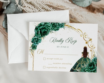 Quinceañera RSVP Card Template, Editable Emerald Green and Gold Quince, Tiara Mis Quince 15 Anos, Girl 15th Birthday, Instant Download, Q038