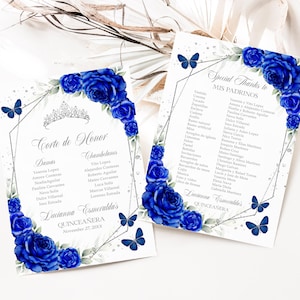 Koningsblauwe en zilveren Quinceañera Mis Padrinos-lijst, BEWERKBARE prinses 15e verjaardagskaart vlinders, Mis Quince Anos Instant Download Q097