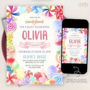 May include: A colorful invitation for a first birthday party with a candyland theme. The invitation features a watercolor illustration of candy, lollipops, and gummy bears. The text on the invitation reads "Join us in Candyland for a sweet celebration! Olivia is turning one. Saturday, October 25, 6pm. Olivia's House. 154 Candyland Street, Brooklyn, NY 1243. RSVP to Kayla at 123-456-7890."