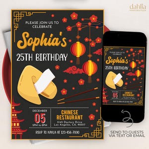 Invito di compleanno per ristorante cinese, invito per festa dei biscotti della fortuna MODIFICABILE, modello per cena da asporto asiatica, lanterne cinesi, KP405