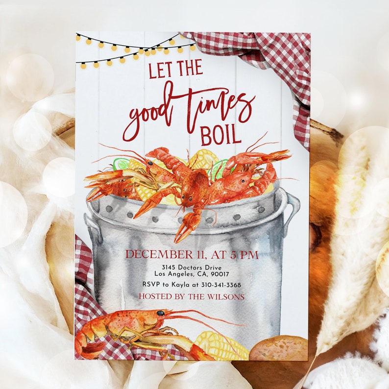 Editable Seafood Boil Party Invitation, Let The Good Times Boil, Crawfish Boil Engagement, Any Occasion, Red Plaid Digital Invite, KP183 image 10