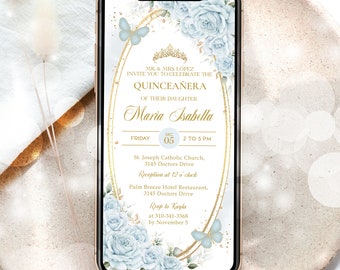 Baby Blue and Gold Quinceañera Digital Invitation, EDITABLE Pastel Butterfly Mobile Invite, Mis Quince Anos, 15th Birthday Template, Q033