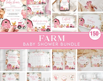 Farm Baby Shower Bundle, EDITABLE Barn Animal Baby Shower Invite, Ranch Baby Shower Games, Girl Pink Floral Barnyard Instant Download, BS114