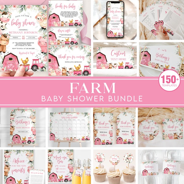 Farm Baby Shower Bundle, EDITABLE Barn Animal Baby Shower Invite, Ranch Baby Shower Games, Girl Pink Floral Barnyard Instant Download, BS114