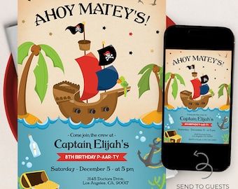 May include: Ahoy Matey's!  A colorful invitation for a pirate-themed 8th birthday party. The invitation features a cartoon pirate ship sailing on blue water with palm trees and a treasure chest. The text on the invitation reads "Come join the crew at Captain Elijah's 8th Birthday P-AAR-TY. Saturday - December 5 - at 5 pm. 3145 Doctors Drive, Los Angeles, CA, 90017. RSVP to Kayla at 310-341-3368."