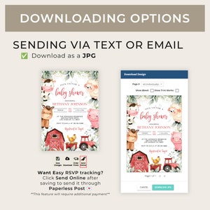 May include: A digital download for a baby shower invitation featuring a watercolour illustration of farm animals, a red barn, and a tractor. The invitation text reads "Join us for a baby shower honouring Bethany Johnson".