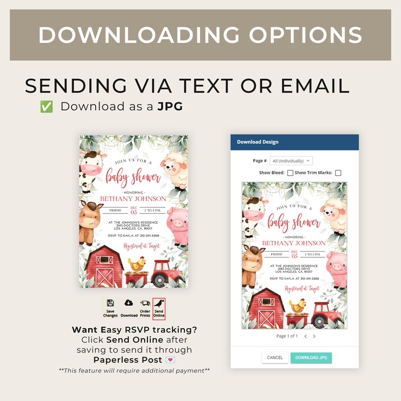 May include: A digital download for a baby shower invitation featuring a watercolour illustration of farm animals, a red barn, and a tractor. The invitation text reads "Join us for a baby shower honouring Bethany Johnson".