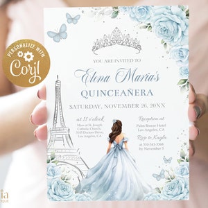 Invitation Quinceañera bleu clair et argent, diadème modifiable 15e anniversaire, fille de la Tour Eiffel Paris, Mis Quince Anos, téléchargement immédiat Q051