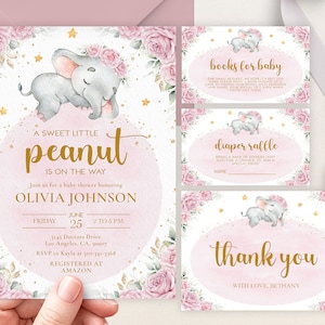 Conjunto de convites para chá de bebê Blush Pink Elephant, EDITÁVEL Sweet Little Peanut Party, pacote floral Jungle para chá de bebê, download instantâneo BS179