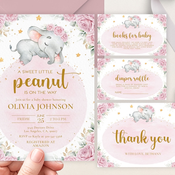 Blush Pink Elephant Baby Shower Einladung Set, EDITIERBARE süße kleine Peanut Party, Floral Jungle Baby Shower Bundle, Instant Download BS179