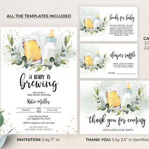 May include: A baby shower invitation with a watercolor illustration of a beer mug and a baby bottle. The invitation says "A Baby is Brewing" and includes the name Katie Miller, the date, time, and location of the shower. The invitation also includes information about the registry and RSVP details. The invitation is 5 inches by 7 inches.