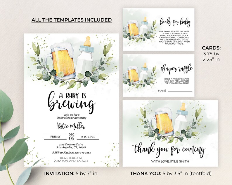 May include: A baby shower invitation with a watercolor illustration of a beer mug and a baby bottle. The invitation says "A Baby is Brewing" and includes the name Katie Miller, the date, time, and location of the shower. The invitation also includes information about the registry and RSVP details. The invitation is 5 inches by 7 inches.