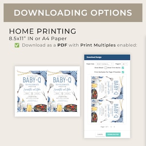 May include: A digital preview of a printable invitation for a baby shower. The invitation is blue and white with a barbecue theme. The text on the invitation reads "Baby-Q to Celebrate Samantha and Aiden".