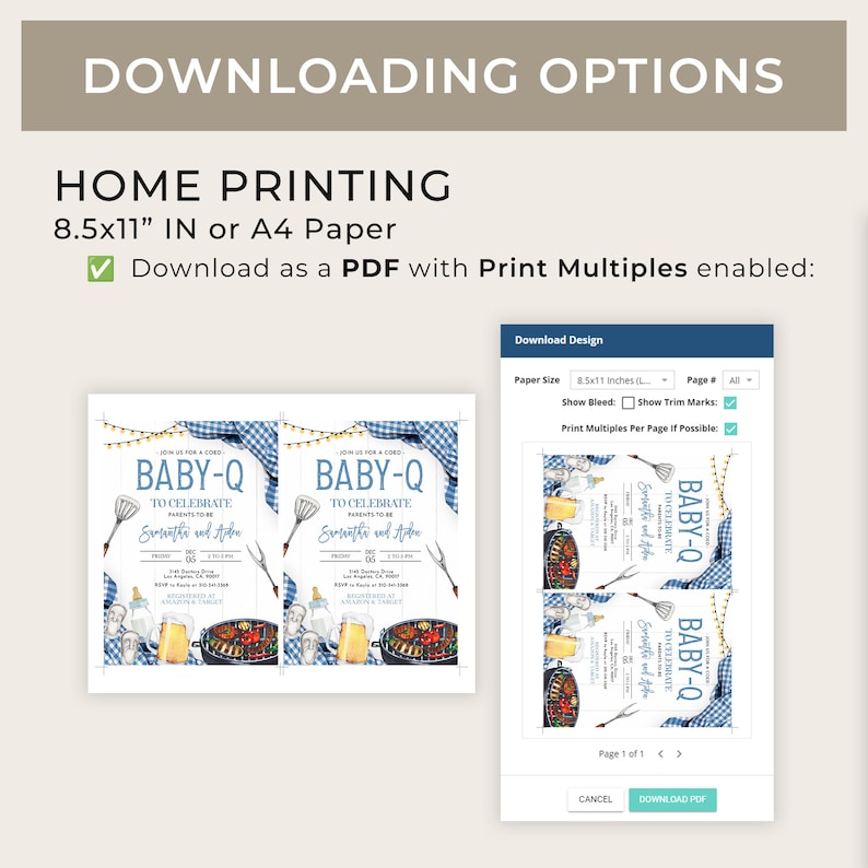May include: A digital preview of a printable invitation for a baby shower. The invitation is blue and white with a barbecue theme. The text on the invitation reads "Baby-Q to Celebrate Samantha and Aiden".