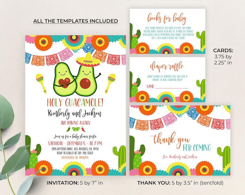 Pu&ograve; includere: Un set di inviti e biglietti stampabili per una festa di benvenuto al bambino a tema festa messicana. L'invito presenta due avocado dei cartoni animati con sombrero e che tengono un cuore. Il testo dice "Holy Guacamole! Kimberly e Jackson stanno aspettando un bambino". Le carte includono una carta "Libri per il bambino", una carta "Lotteria dei pannolini" e una carta "Grazie per essere venuti".