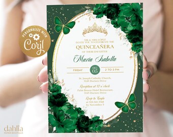 Emerald Green Quinceañera Invitation, EDITABLE Floral 15th Birthday Party, Mis Quince Anos, Girls Sweet 16 Party, Gold Crown Template, Q061