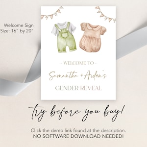 May include: A welcome sign for a gender reveal party. The sign is 16 inches by 20 inches and features a watercolor illustration of two baby outfits, one green and one pink. The text on the sign reads "Welcome to Samantha + Aiden's Gender Reveal".