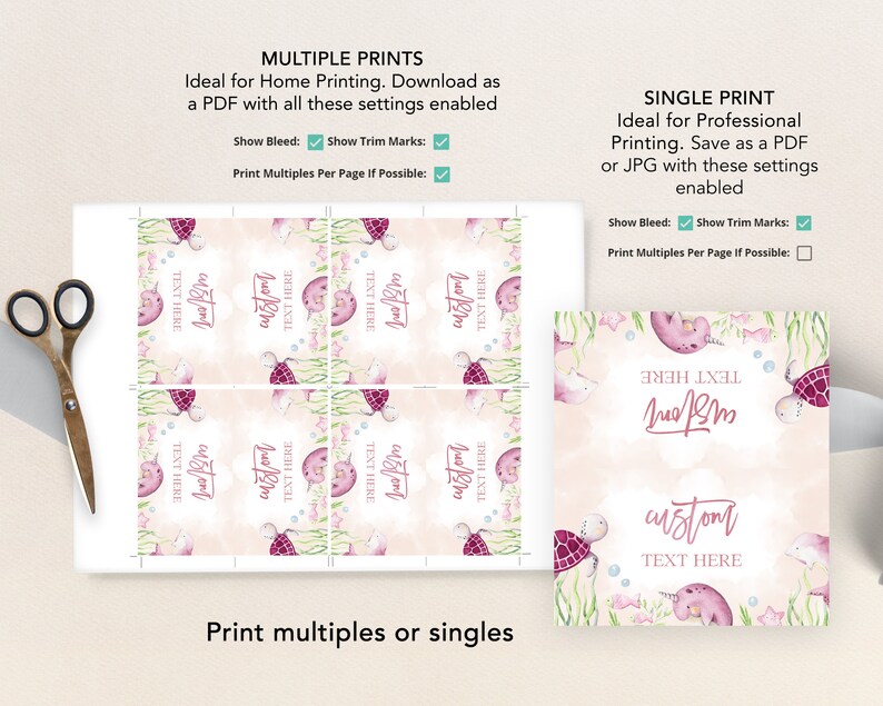 May include: Printable digital download of a pink and green watercolor illustration of a narwhal and sea turtle. The illustration includes the text "custom text here".