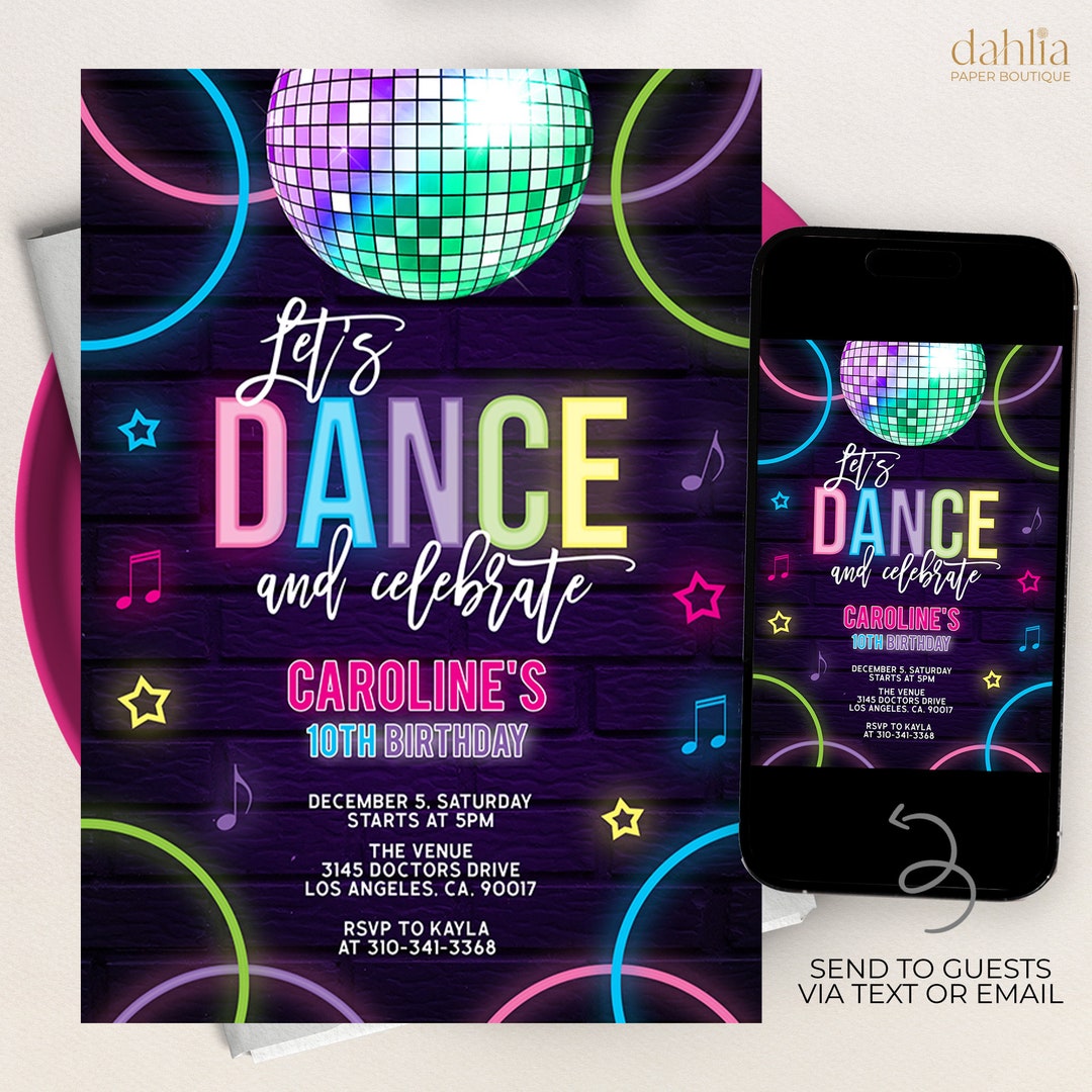 Invitación EDITABLE a fiesta de baile, invitación de cumpleaños disco,  plantilla de invitación de neón brillante, fiesta disco, baile,  interpolación ..., image size:1080x1080