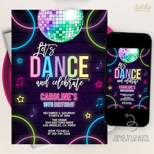 EDITABLE Dance Party Invitation, Disco Birthday Invite, Glow Neon Invite Template, Disco Party, Dancing, Girl Tween, Instant Download, KP067