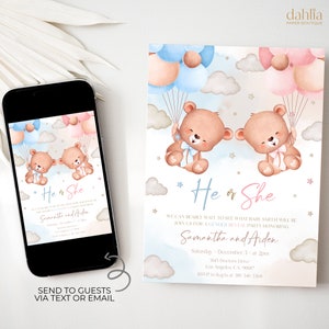 Invitación de revelación de género de osos de peluche EDITABLE, invitación de revelación de género en globo aerostático, tarjeta de fiesta para niño o niña, ducha DIY para él o ella GR043