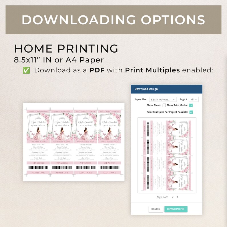 Multi Page Invitations Blush Pink and Silver Quinceañera Tiara Ticket Invitation, EDITABLE Mis ...