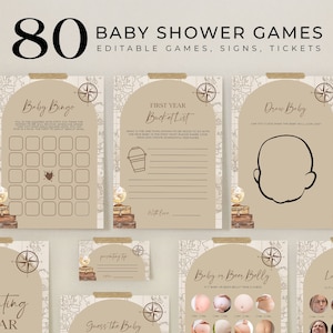 BEWERKBARE 80 avontuur wacht op babyshowerspellen, reisbabyspellenbundel, avontuur, koffer, globe, unisex, genderneutraal, Corjl, BS093