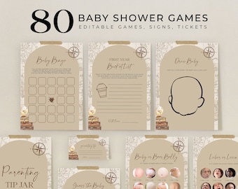 EDITABLE 80 Adventure Awaits Baby Shower Games, Travel Baby Games Bundle, Adventure, Suitcase, Globe, Unisex, Gender Neutral, Corjl, BS093