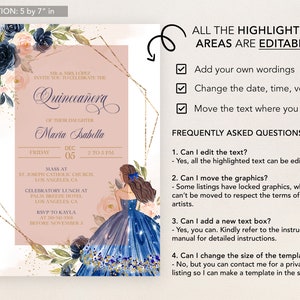 Op de afbeelding: Een Quincea&ntilde;era-uitnodigingstemplate met een geometrisch ontwerp in blauw en goud. De template bevat een aquarel-illustratie van een jonge vrouw in een blauwe jurk. De tekst op de template luidt "Quincea&ntilde;era" en "Maria Isabella". De template is 12,7 cm bij 17,8 cm.