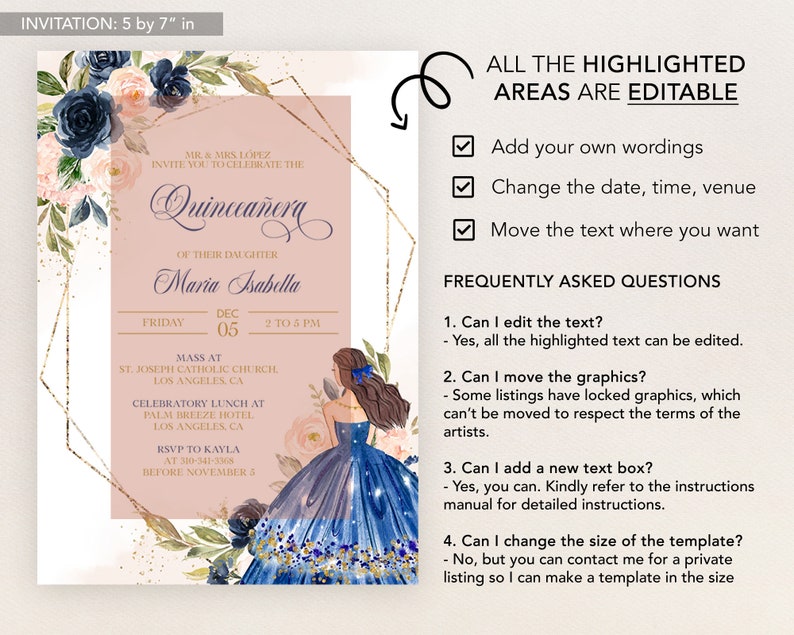 Op de afbeelding: Een Quincea&ntilde;era-uitnodigingstemplate met een geometrisch ontwerp in blauw en goud. De template bevat een aquarel-illustratie van een jonge vrouw in een blauwe jurk. De tekst op de template luidt "Quincea&ntilde;era" en "Maria Isabella". De template is 12,7 cm bij 17,8 cm.